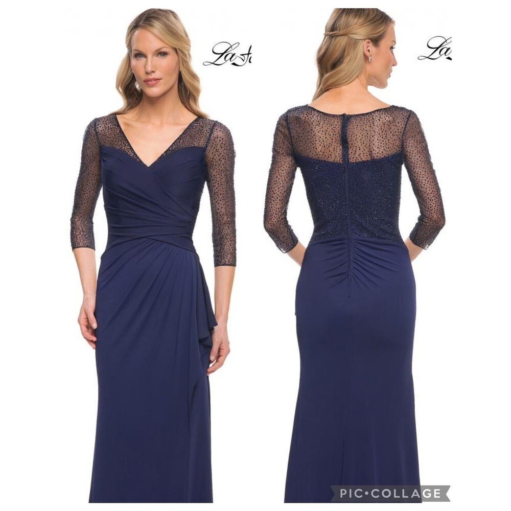 New with tag La Femme Navy Sheer-Sleeve Beaded Evening Gown size 14 30028